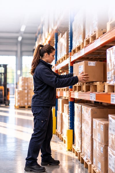 Employée rangeant un carton en entrepôt