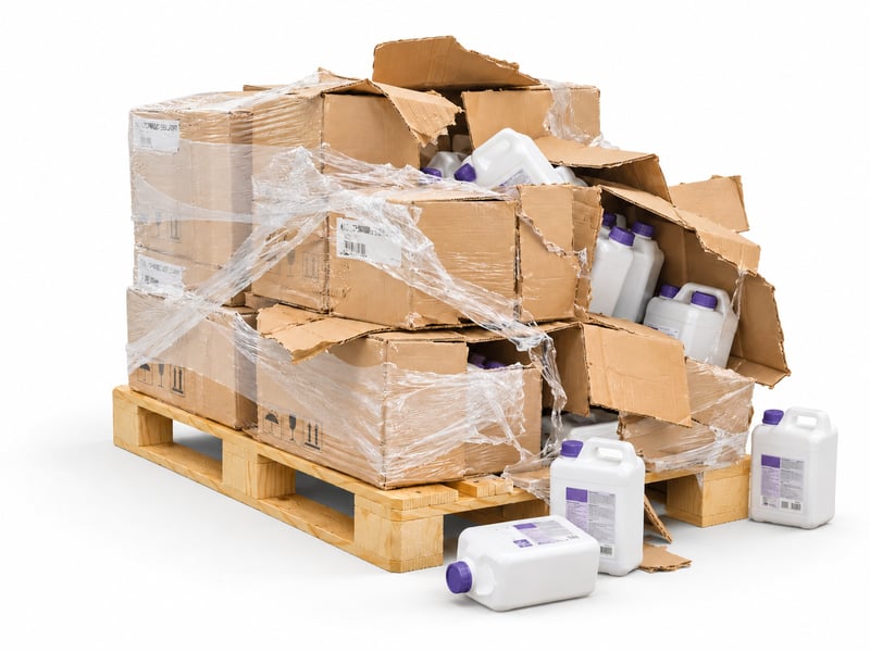 Palette d’expédition endommagée et jerrycans renversés